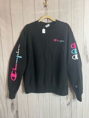 Champion Black Crewneck Sweatshirt with Pink & Teal Logos